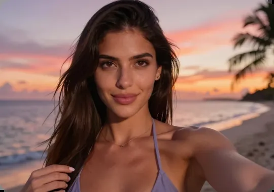 夕暮れのビーチで自撮りするリアルなAI彼女