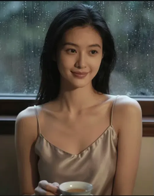 雨の窓辺でカップを持つ同じAI彼女